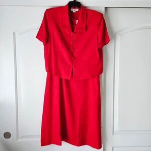 Vintage MISS DORBY Dress & Jacket Set Womens Size 14 Red Floral 90s Office